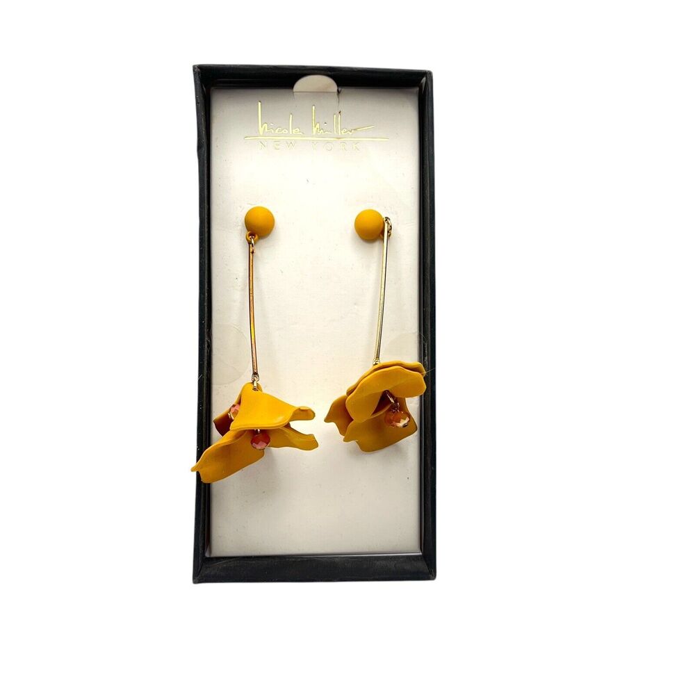 Nicole Miller Earrings Women Floral Drop Dangle Mustard Yellow Statement In Box
